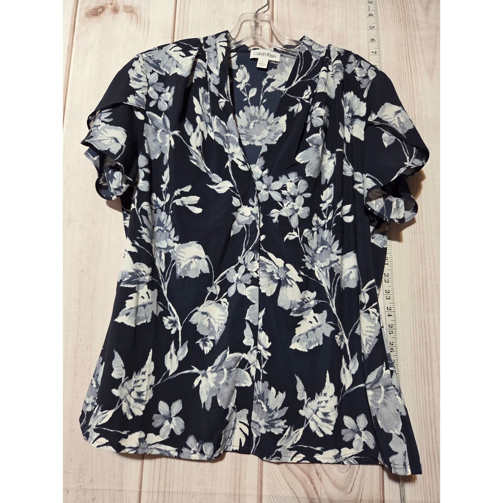 Calvin Klein Womens Floral Print V Neck Short Sleeve Pullover Top Size L